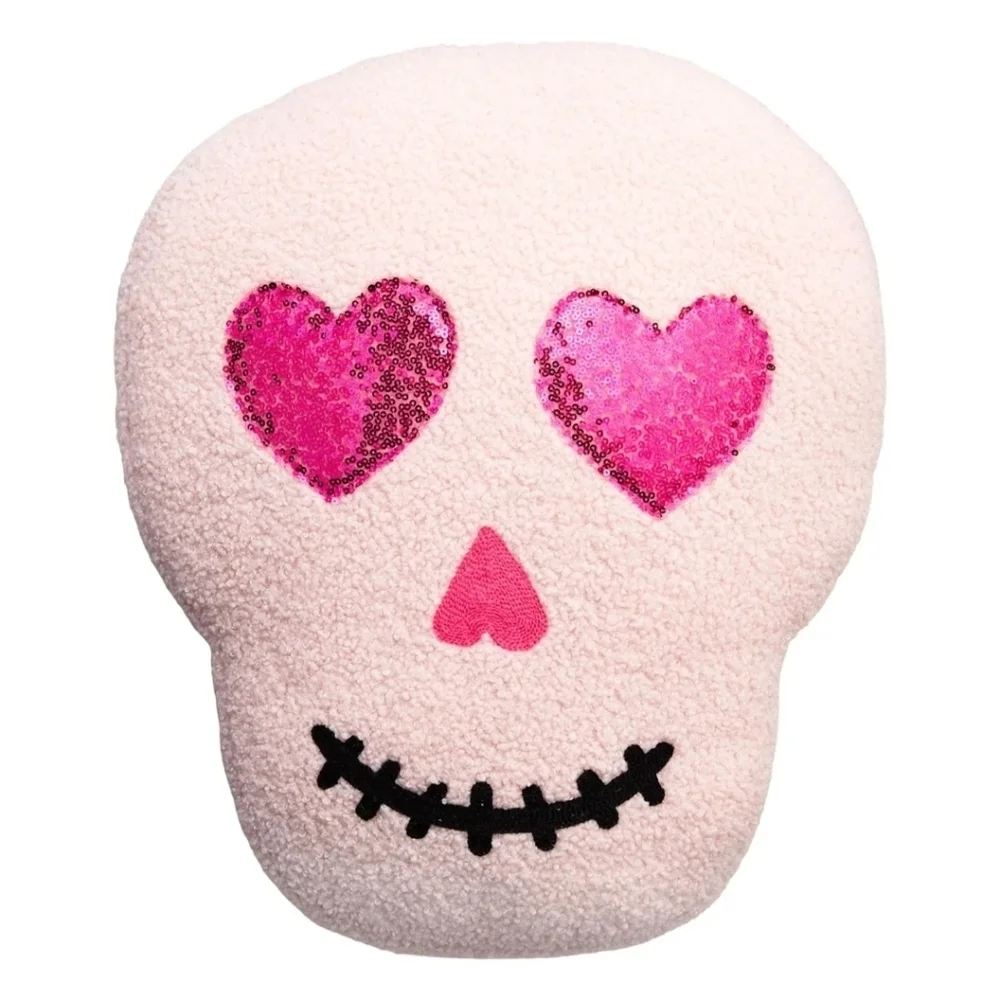 Hey Boo! Pink heart eyes Valentine's Halloween Skull Shaped Throw Pillow, 18x16